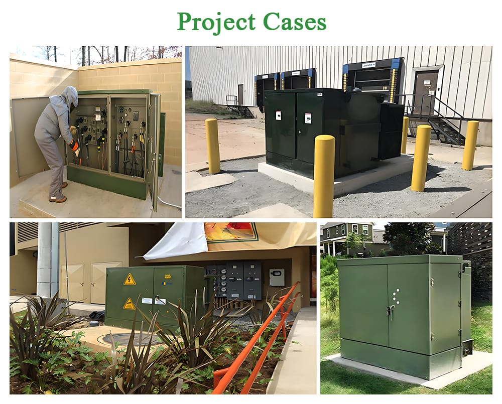 Collage of installation and application case photos for the 2500KVA American Box-Type Substation Transformer across various sites.