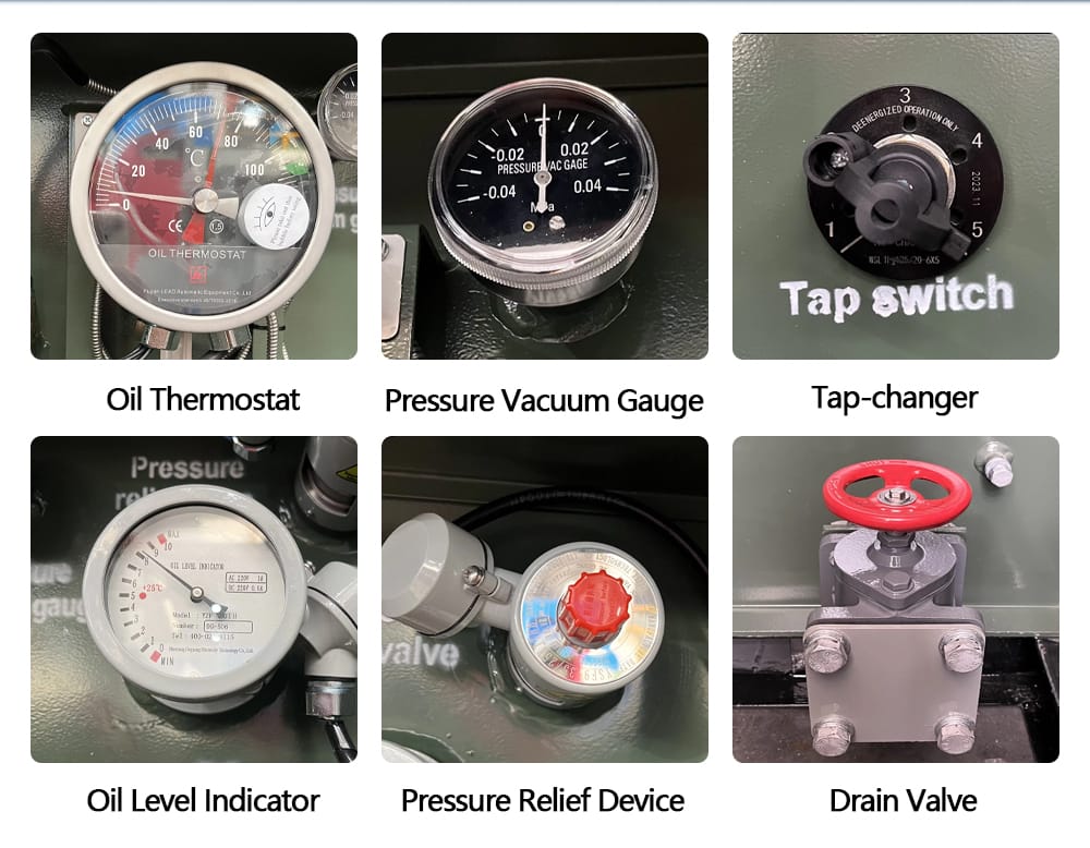 Labeled diagram detailing key components of a 3750KVA Pad Mounted Transformer, including Oil Thermostat, Pressure Vacuum Gauge, Tap-changer, and more.