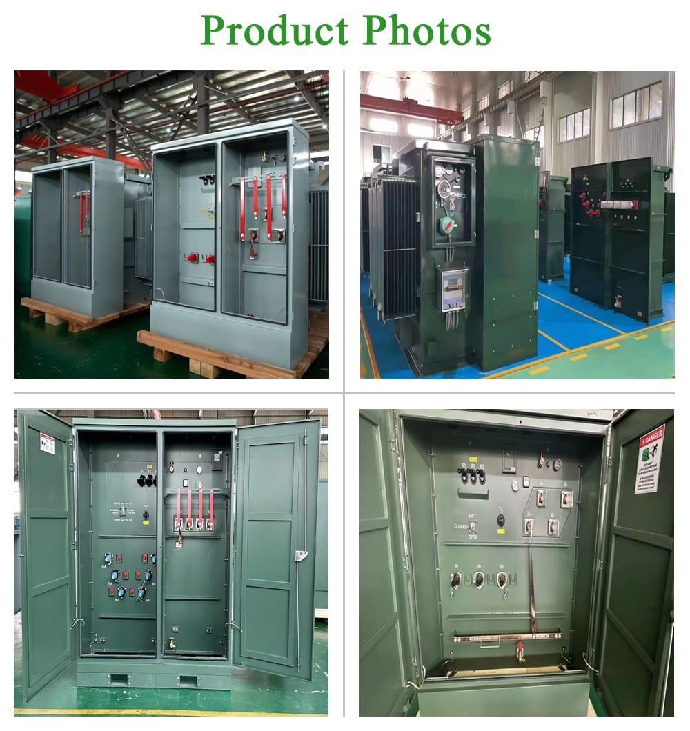 Collage of images showing the front, side, and internal views of the 750KVA Pad Mounted Transformer.
