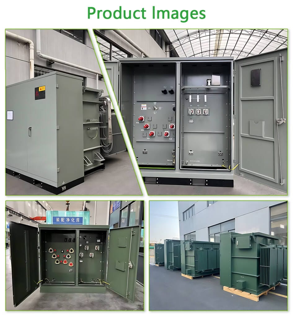 Collage showing different views and angles of the 1500KVA Pad Mounted Transformer