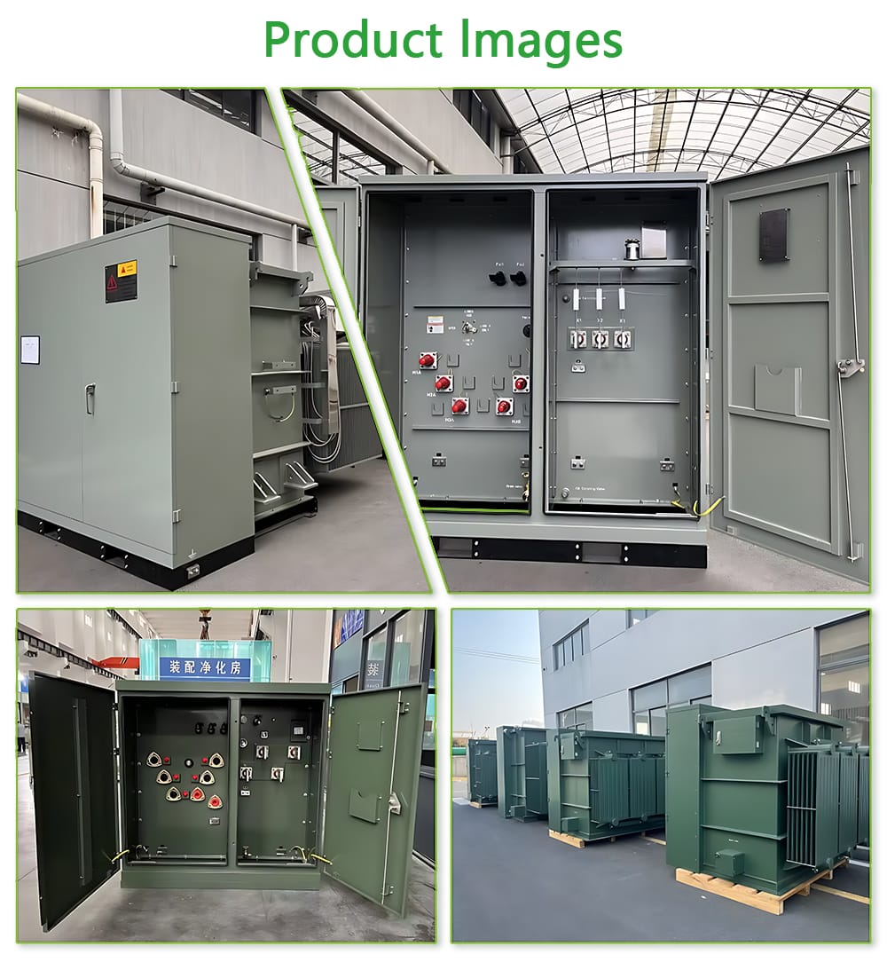 Collage showing different views and angles of the 1500KVA Pad Mounted Transformer