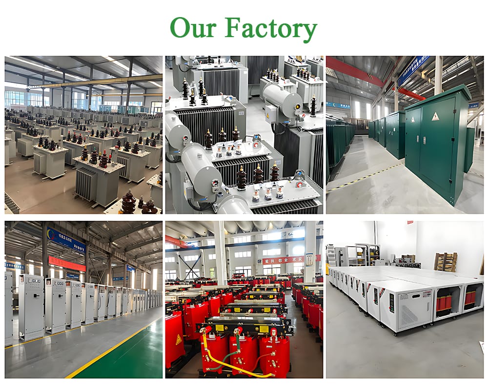 Collage of factory images: workers lifting a 400KVA Dry Type Transformer and a close-up of its internal application.