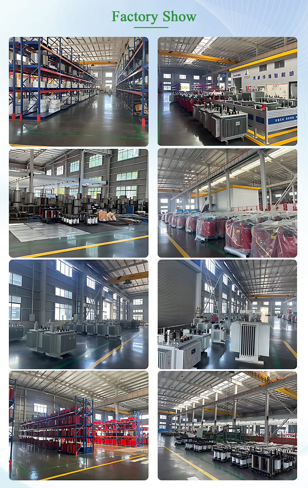 Collage of images showing the 100KVA Dry Type Transformer being assembled and tested in a modern manufacturing facility.
