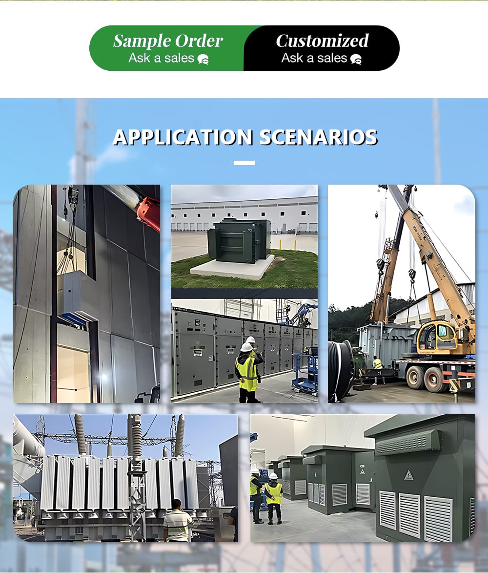 Photograph of a 1000KVA Dry Type Transformer installed and operating in a real industrial setting, such as a factory floor, power plant, or commercial building.