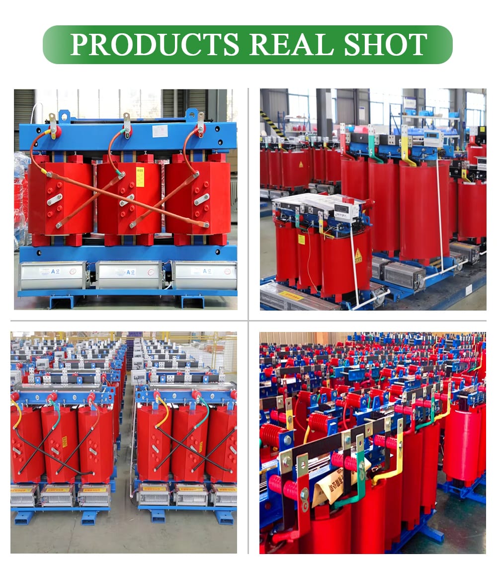 Collage of four images showing the modern factory where the 2000KVA Dry Type Transformers are manufactured, including production lines and quality checks.