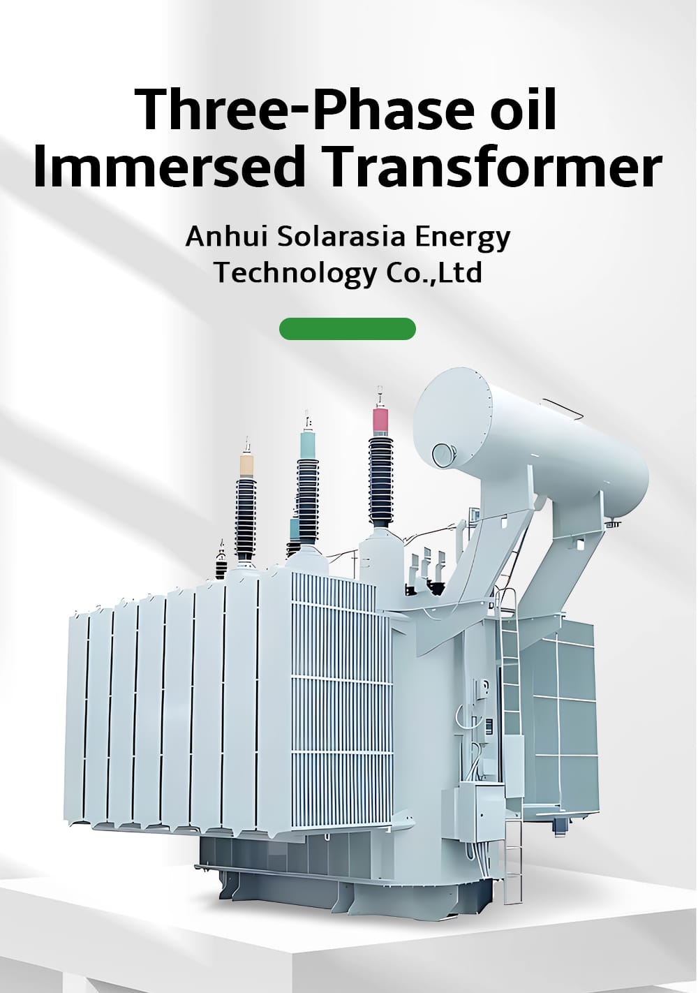 Professional main product photo of a 10MVA 110kV oil immersed power transformer, showing radiators, bushings, and conservator tank.