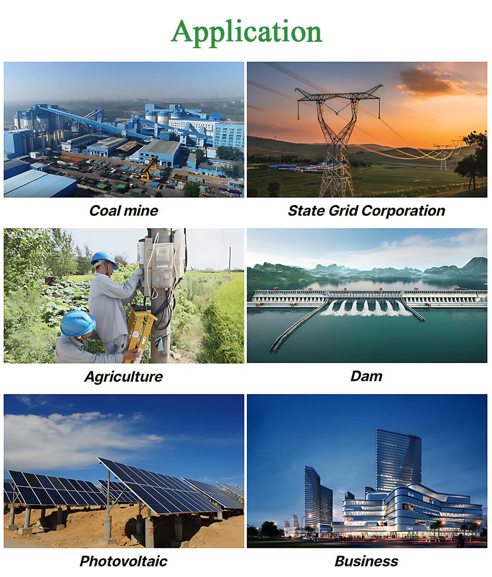 Icons or images representing various applications for a 250KVA Dry Type Transformer including solar farms, dams, and coal mines.