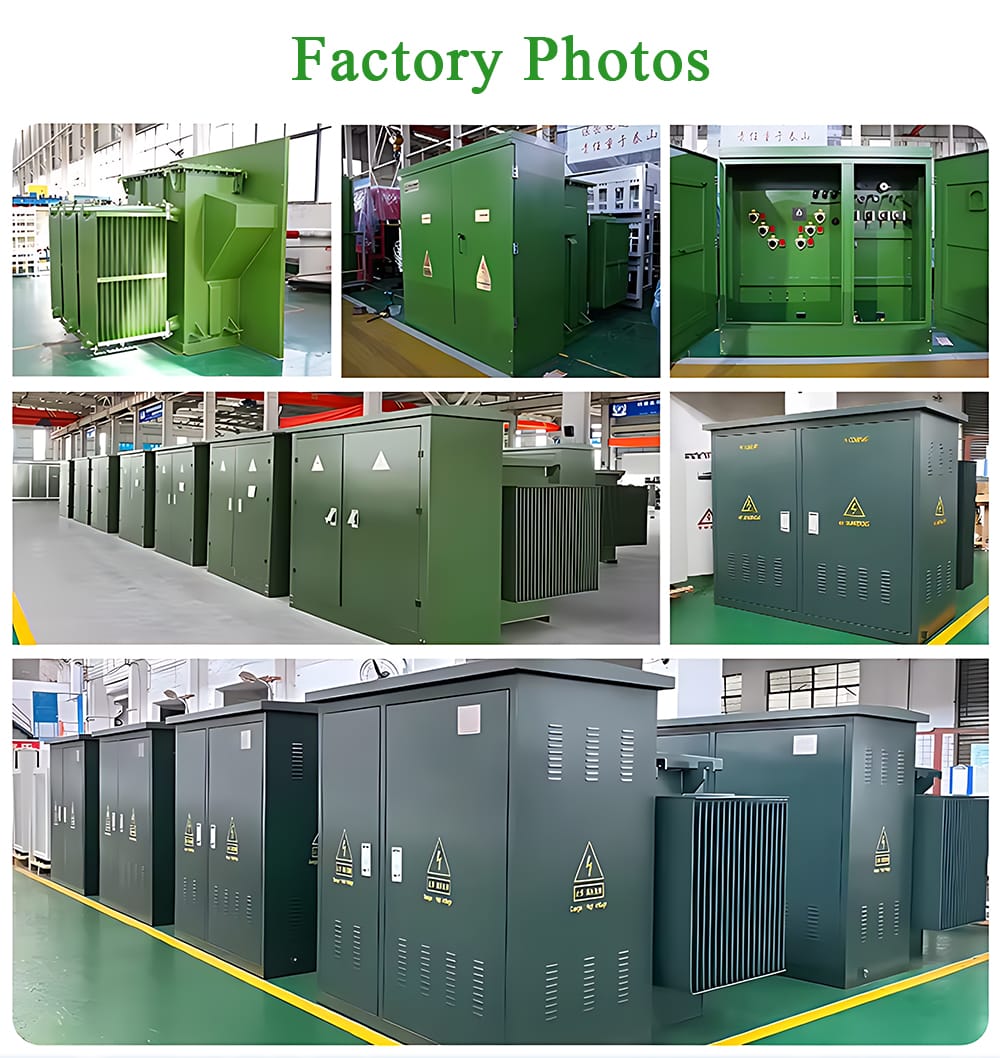 Collage of images showing the advanced production facility where the 1200KVA Pad Mounted Transformer is manufactured.