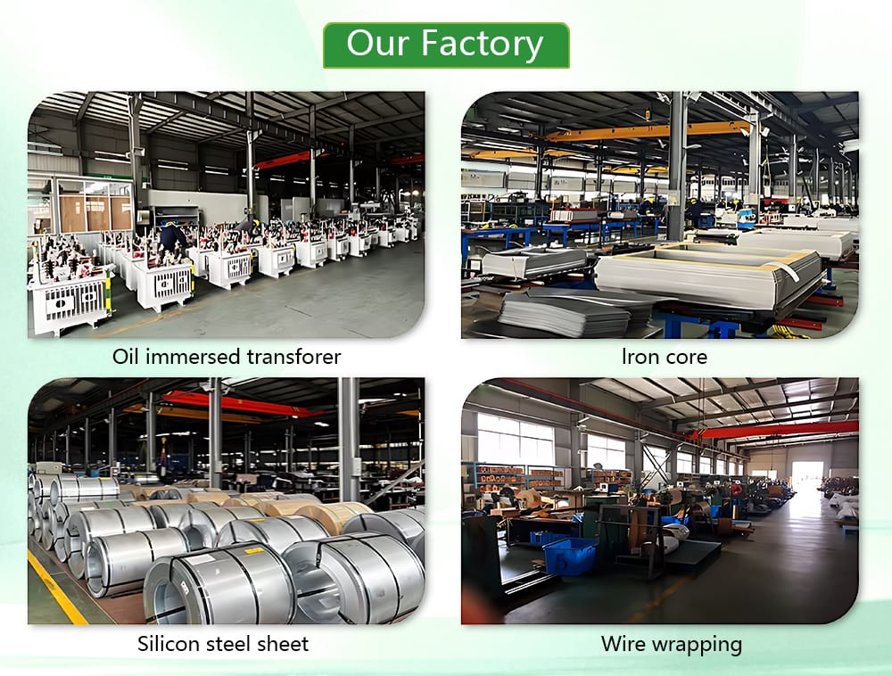 Collage of factory images showing production of oil-immersed transformers, silicon steel sheets, iron cores, and wire wrapping, highlighting manufacturing depth for Dry Type Transformers.
