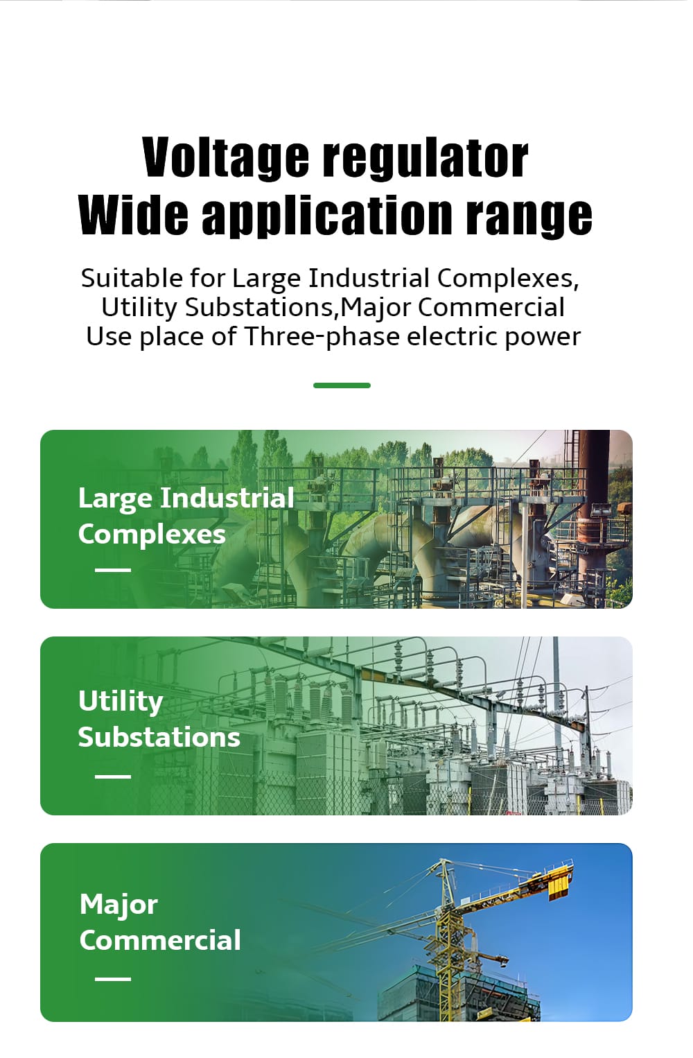 Infographic showing the key applications for a 10MVA transformer: Large Industrial Complexes, Utility Substations, and Major Commercial Buildings.