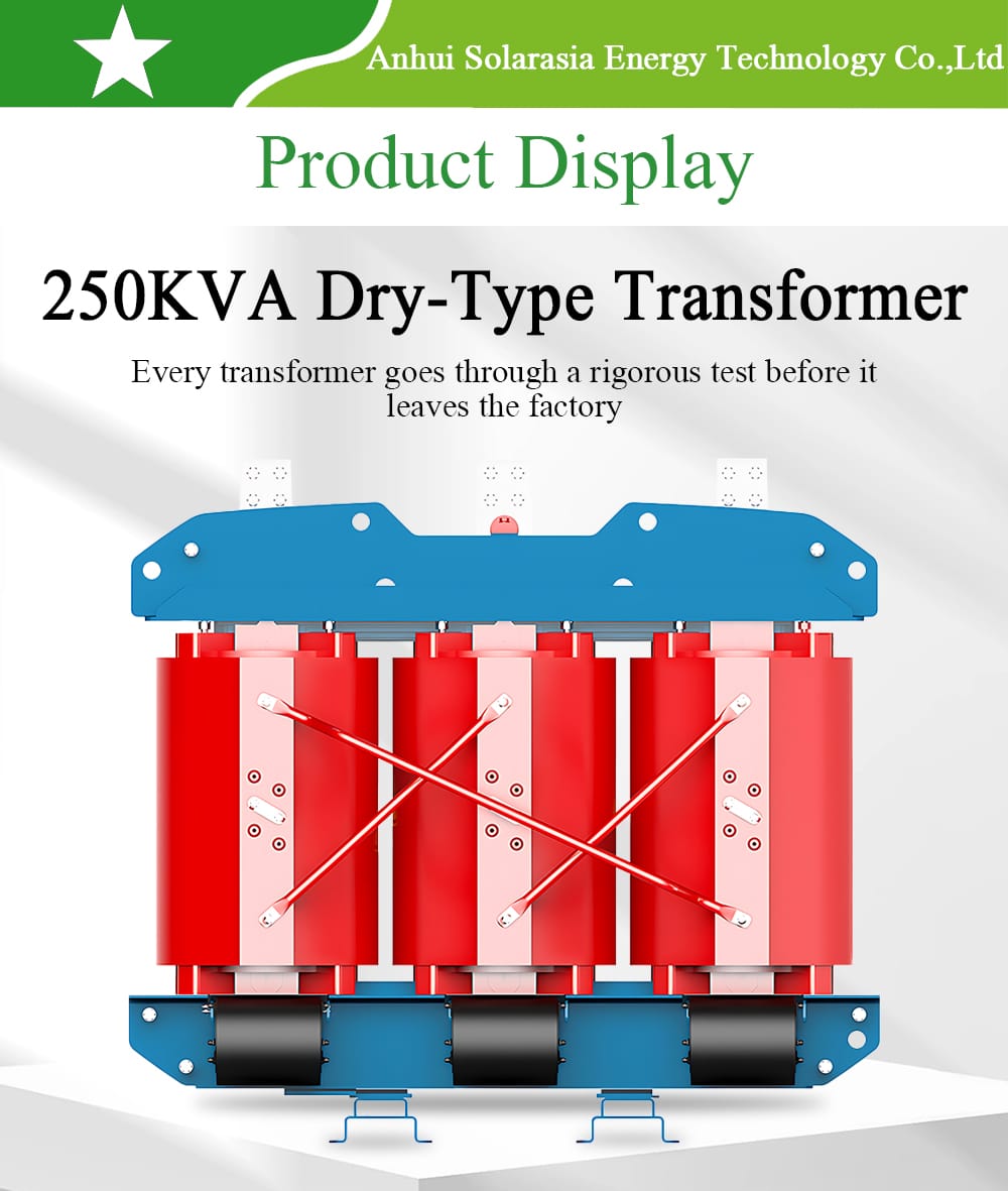 Front view of a high-quality 250KVA Dry Type Transformer in a clean, industrial setting.