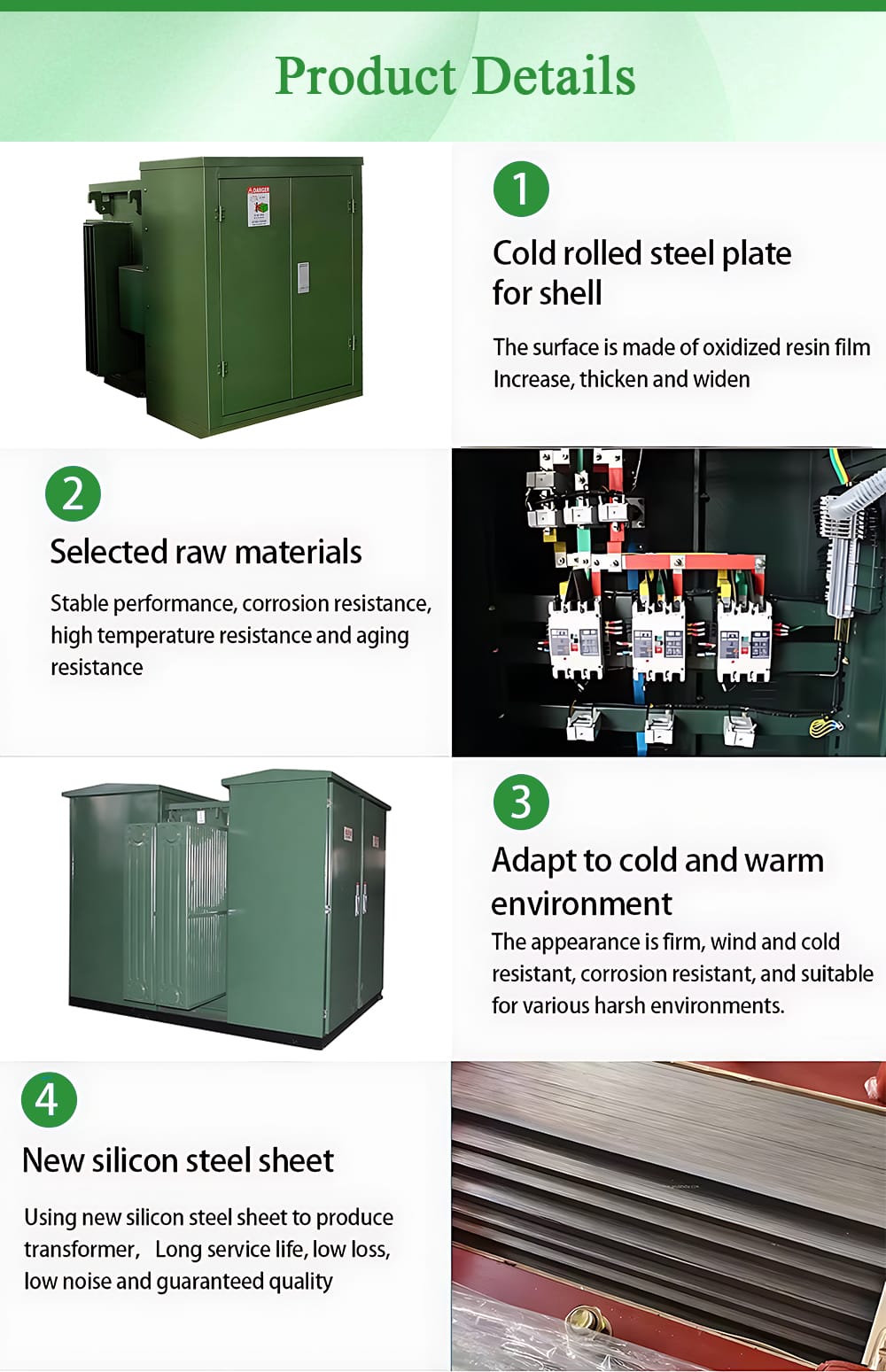 Close-up details of the 2500KVA American Box-Type Substation Transformer including cold-rolled steel plate shell and new silicon steel sheet core.