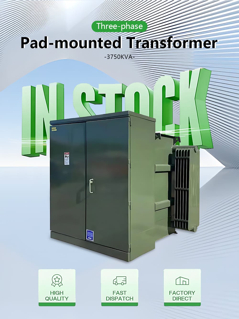 Professional front-facing photo of a 3750KVA Pad Mounted Transformer, highlighting its robust, lockable steel enclosure and compact design for utility and industrial applications.