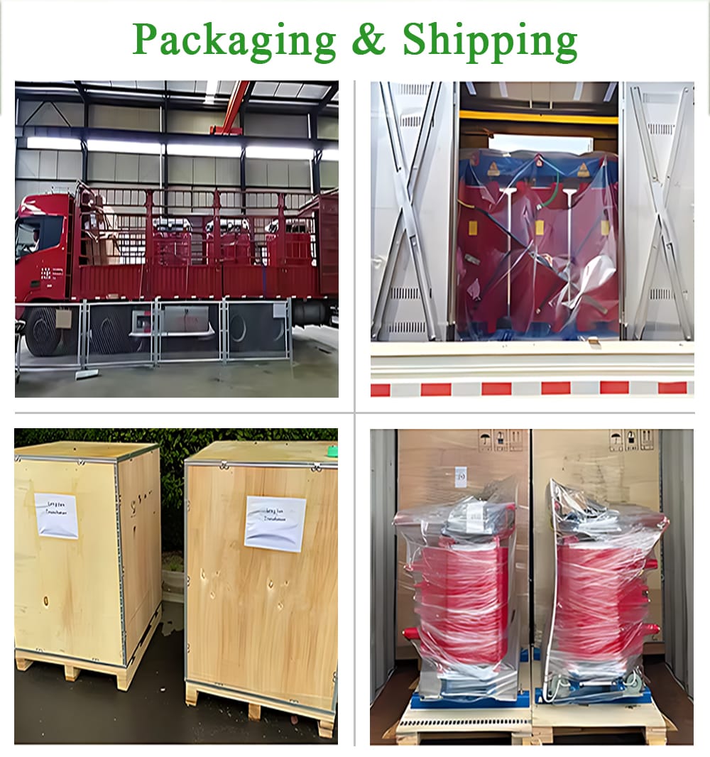 A 650KVA Dry Type Transformer securely crated and packaged in wooden frame for export and safe transportation.