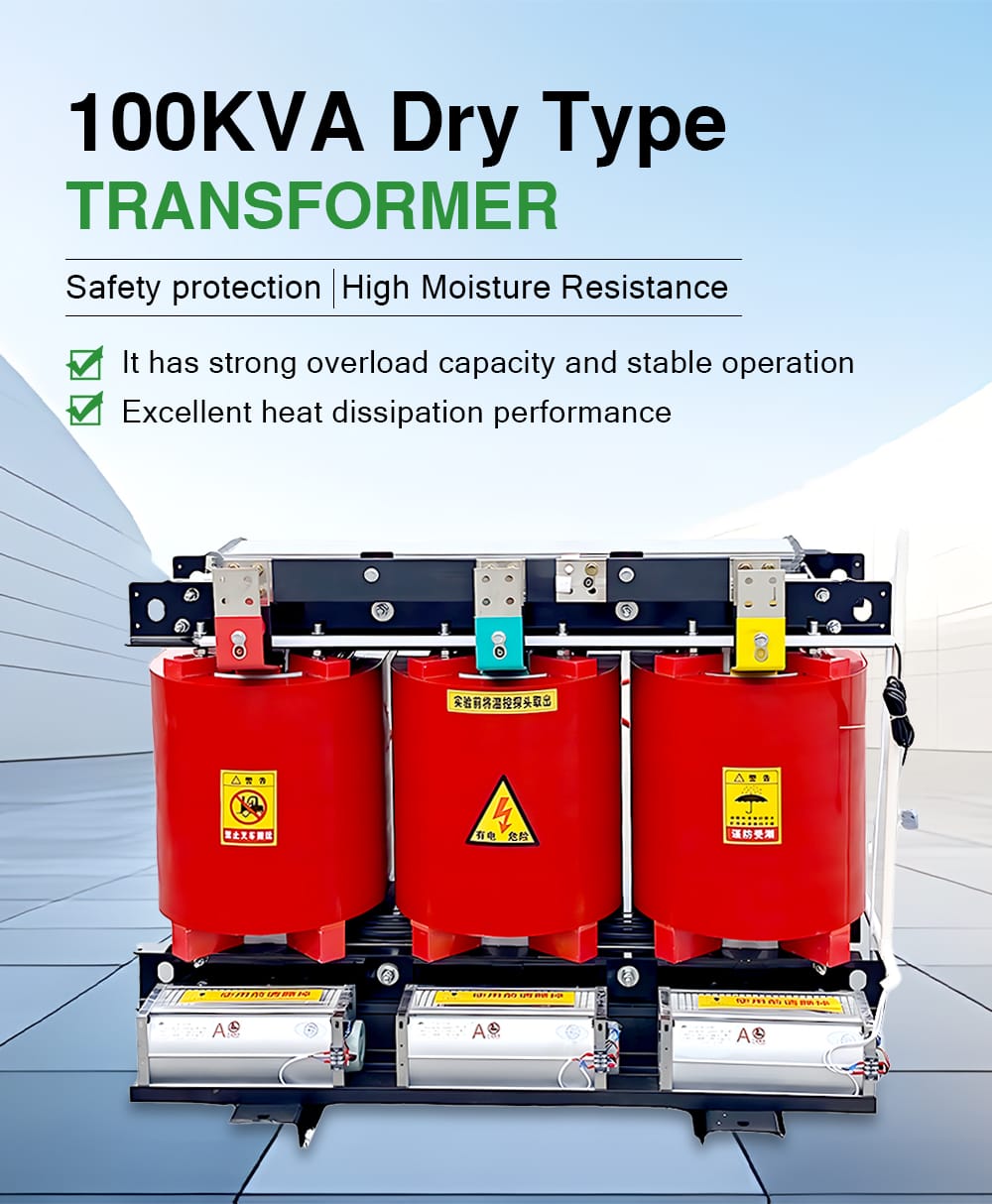 Professional isolated photo of a 100KVA Dry Type Transformer, highlighting its robust and modern enclosure design for industrial use.