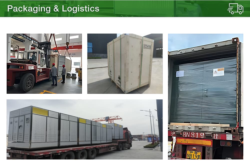 Image showing the robust wooden crate and secure packaging methods used for protecting a 1000KVA Dry Type Transformer during sea or land transportation.