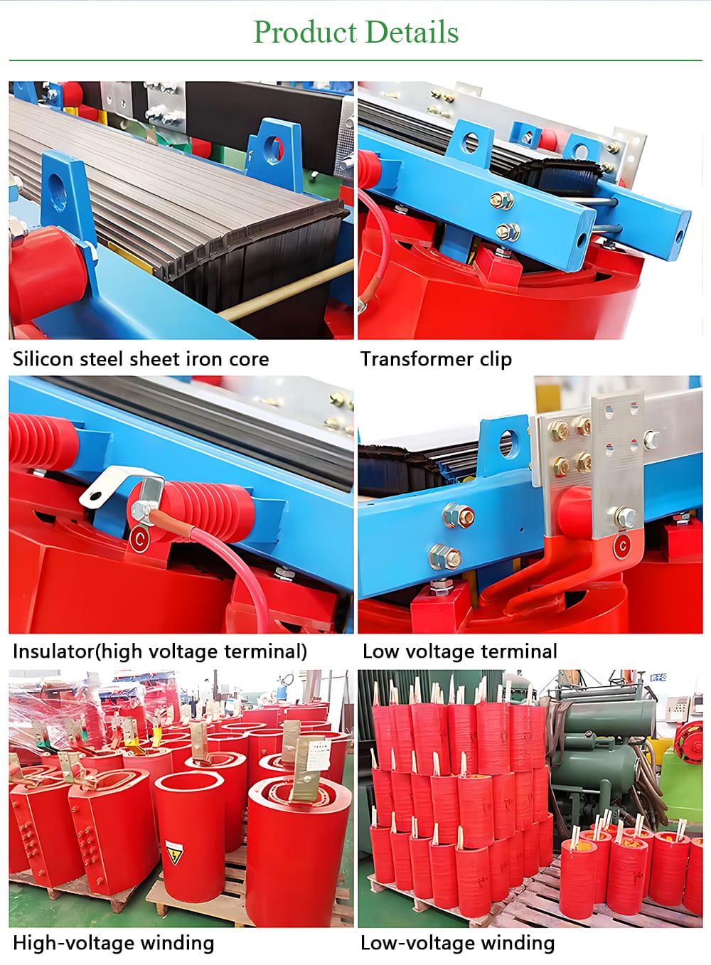 Detailed cutaway or labeled diagram of a 1600KVA Dry-Type Transformer showing key parts: Silicon steel sheet iron core, High/Low-voltage windings, Insulators, Terminals, and Transformer clips.