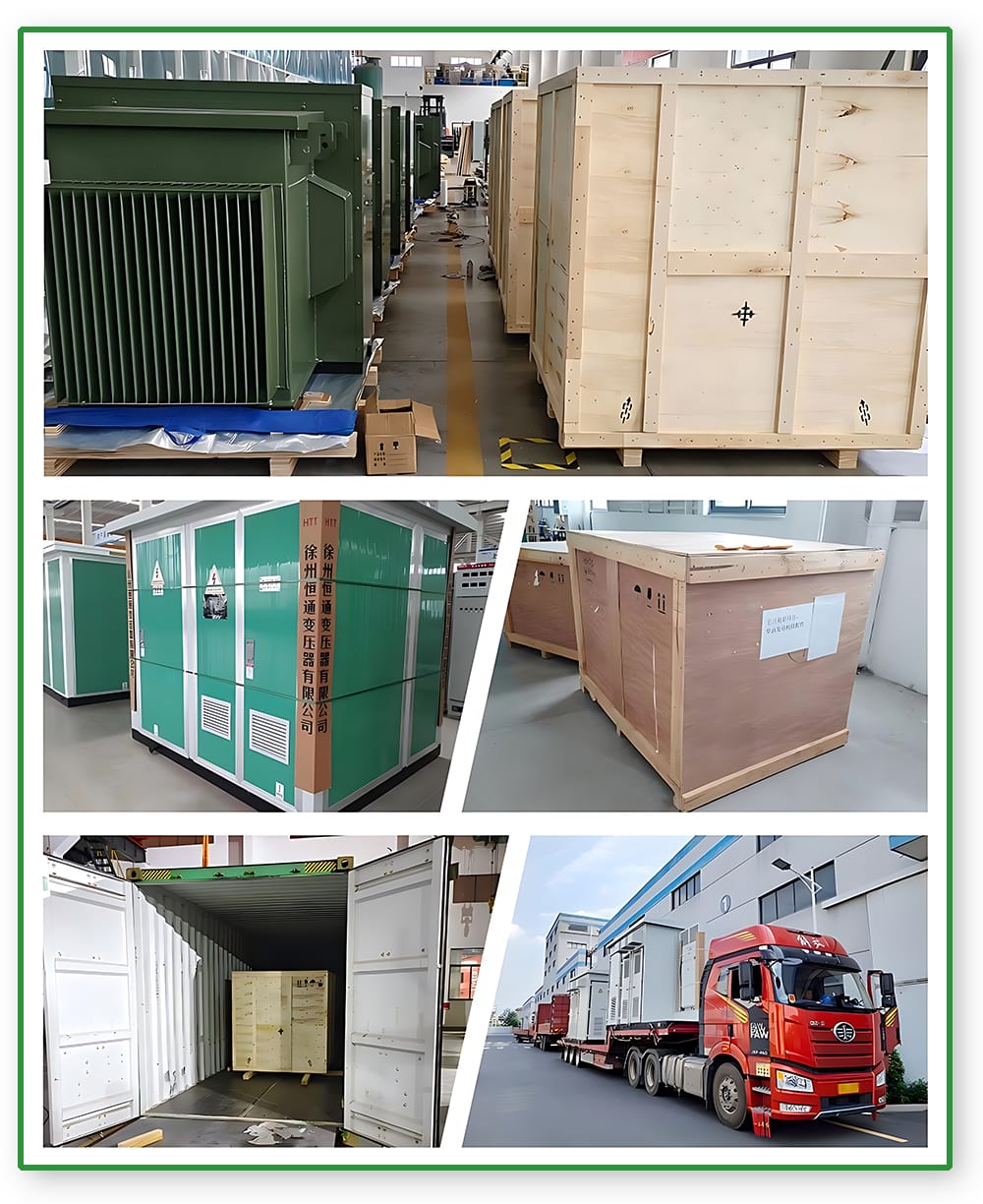 A large oil immersed transformer securely crated and packaged on a shipping skid, ready for international ocean freight transport.