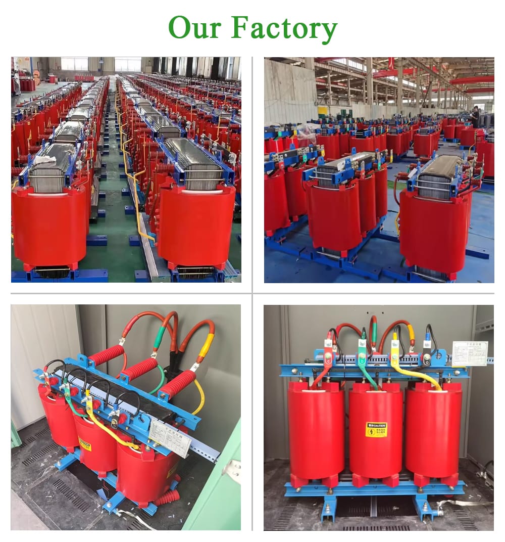Panoramic collage of our manufacturing facility, showcasing advanced machinery, clean workshops, and skilled workers producing dry-type transformers, including the 1600KVA model.