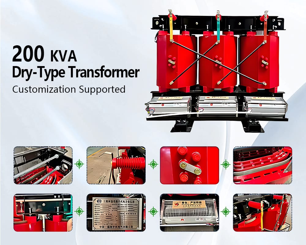 Professional front view of a robust and modern 200KVA Dry Type Transformer in a factory setting.