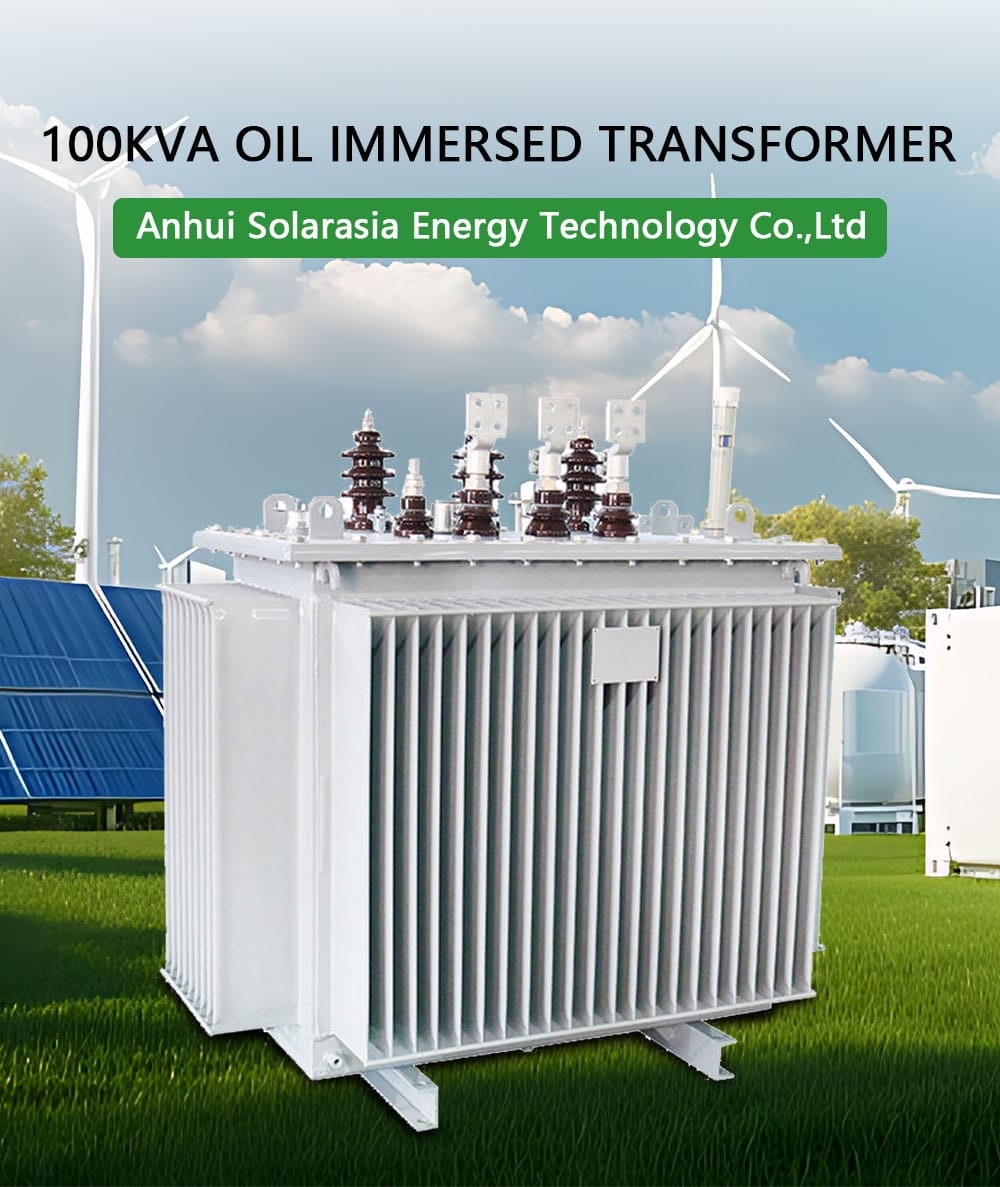 Professional photograph of a brand new 100KVA oil immersed transformer, showcasing its robust construction, radiators, and conservator tank for outdoor use.