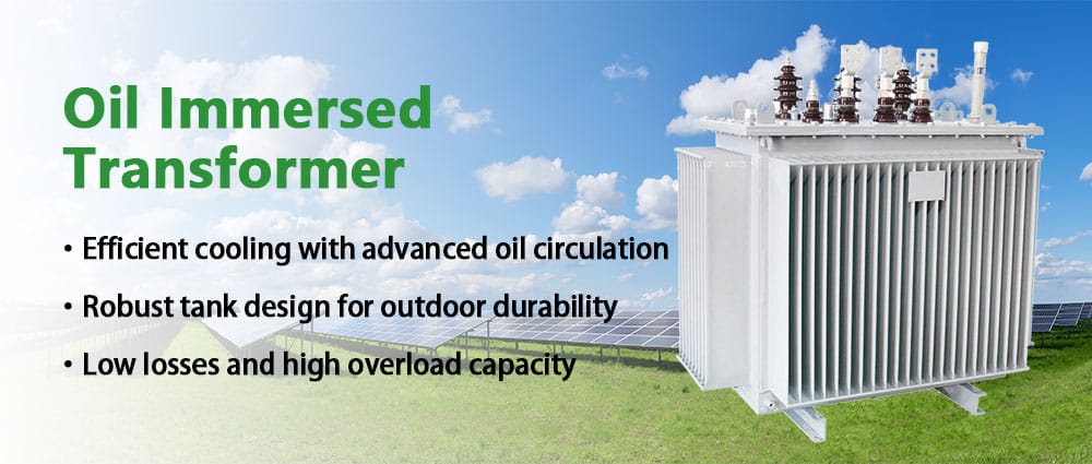 Infographic listing the main features of the 100KVA oil cooled transformer: Efficient cooling, Robust tank, and Low losses with high overload capacity.
