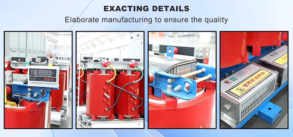 Detailed close-up view of the internal components and build quality of a 50KVA Dry Type Transformer, highlighting epoxy resin insulation, copper windings, and robust mounting.