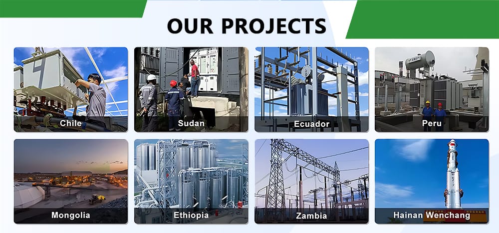 World map infographic showing successful international project locations for our 50KVA Dry Type Transformers, including Chile, Mongolia, Sudan, Ethiopia, Ecuador, Zambia, Peru, and Hainan.