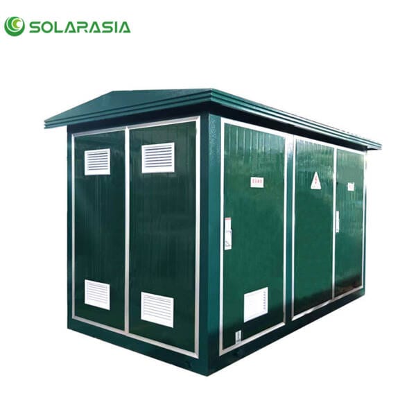 Front view of a complete 200KVA European Box Type Substation, showcasing its compact and robust outdoor design for reliable power distribution.