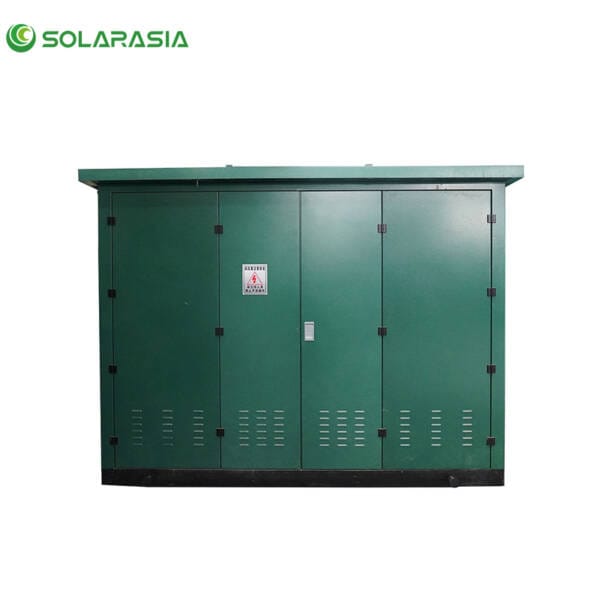 Front perspective of a complete 1600KVA European Box Type Substation unit in a realistic setting.