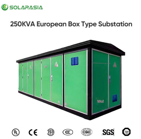 Official certifications and quality assurance documents for the 250KVA European Box Type Substation, including ISO and CE marks.