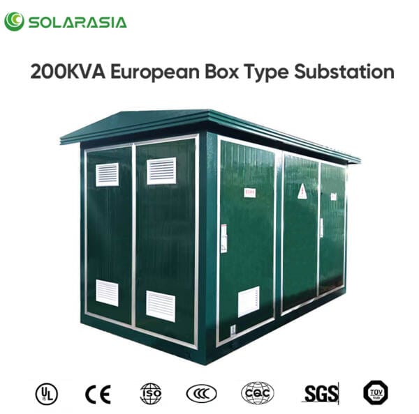 Official certification badges and documents for the 200KVA European Box Type Substation, including ISO and CE markings.