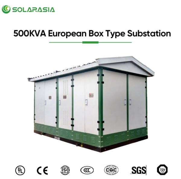 Certification badges and compliance documents for the 500KVA European Box Type Substation.