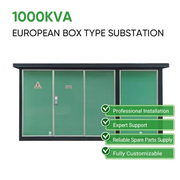 Infographic detailing the core features of the 1000KVA European Box Type Substation: Professional Installation, Expert Support, Reliable Spare Parts, and Full Customization.