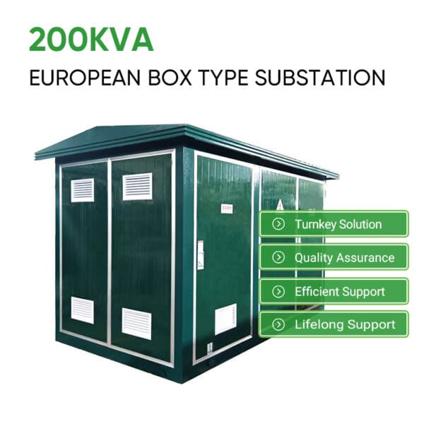 Infographic detailing the core features of the 200KVA European Box Type Substation: Turnkey Solution, Quality Assurance, Efficient Support, and Lifelong Support.