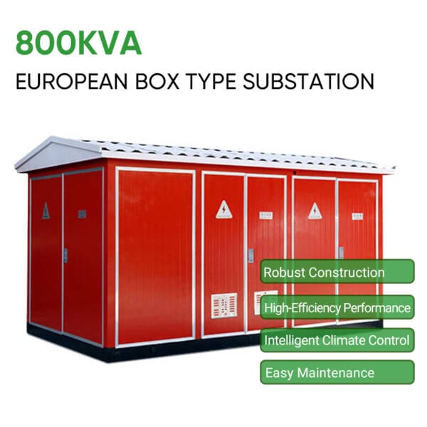 Infographic detailing the core features of the 800KVA European Box Type Substation: Robust Construction, High-Efficiency Performance, Intelligent Climate Control, and Easy Maintenance.