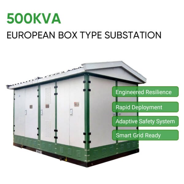 Illustrated features of the 500KVA European Box Type Substation including resilience, safety, and smart grid compatibility.