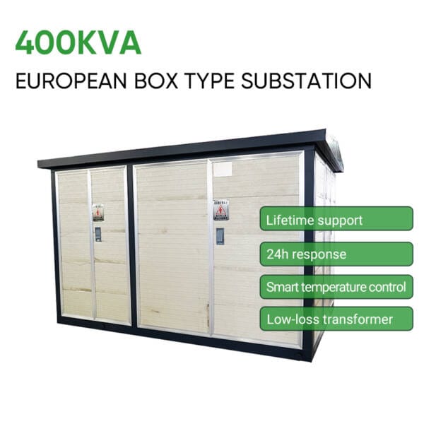 Infographic detailing key features of the 400KVA European Box Type Substation: Lifetime support, 24h response, Smart temperature control, and Low-loss transformer.