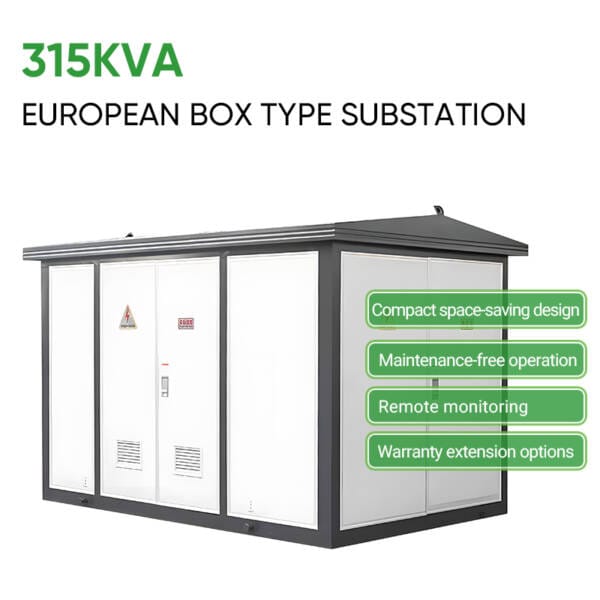 Infographic detailing the core features of the 315KVA European Box Type Substation: Compact design, Maintenance-free operation, Remote monitoring, and Warranty extensions.