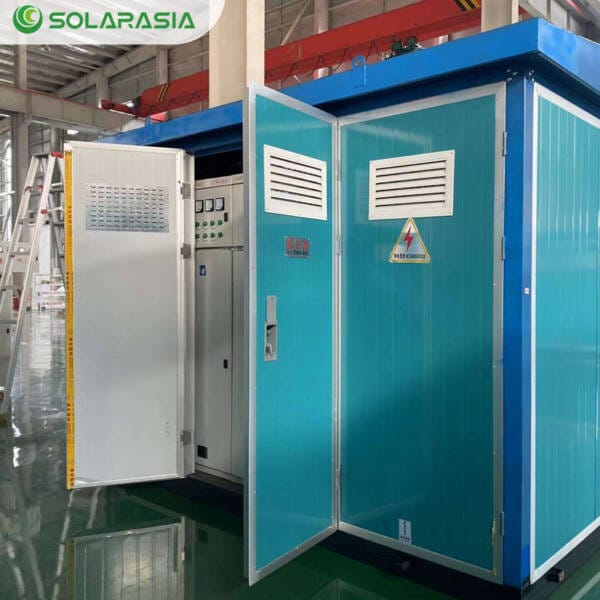 Side-angle view of the 250KVA European Box Type Substation, emphasizing its aesthetic design and corrosion-resistant housing.