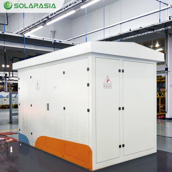 Side angle view of the 200KVA European Box Type Substation, emphasizing its streamlined profile and structural integrity.