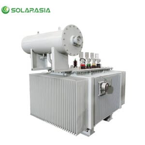 Professional photograph of an 800KVA oil immersed transformer, highlighting its robust tank, radiators, and bushings in an industrial setting.