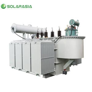 Front view of a robust and reliable 630KVA oil immersed transformer, showing its durable tank and compact design.