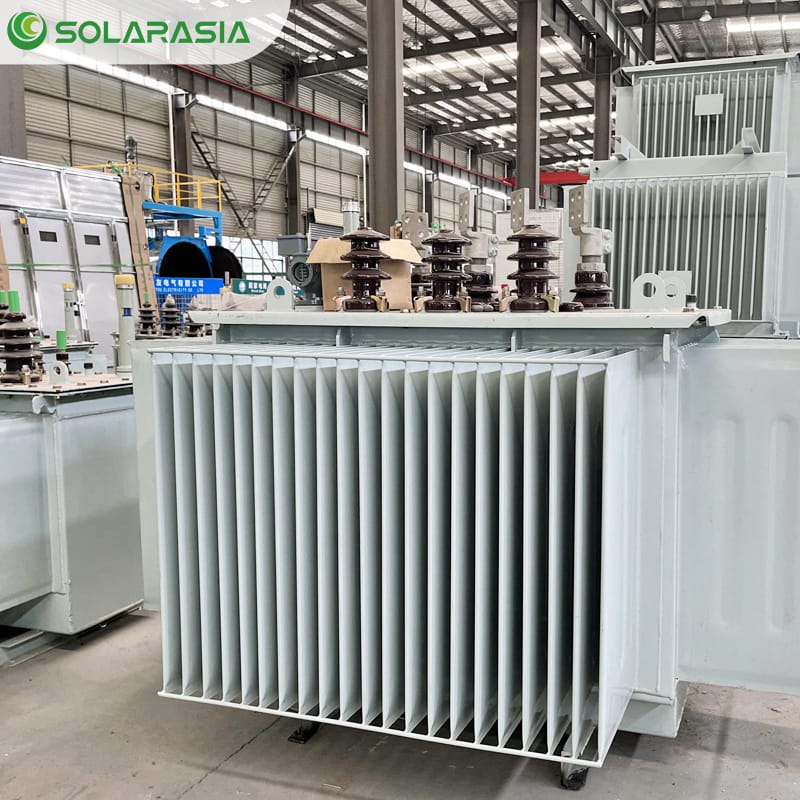 Close-up views of the 200KVA oil immersed transformer, highlighting its oil-immersed design and components.