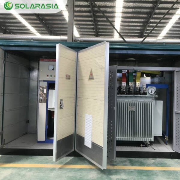 Panoramic shot of the entire 800KVA European Box Type Substation with doors open, revealing all internal compartments.