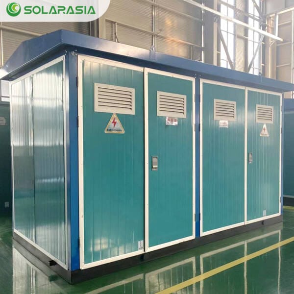 Rear perspective of the 250KVA European Box Type Substation, showing cable entry points and maintenance access panels.