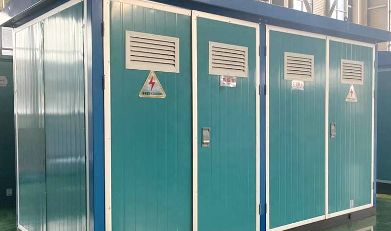 Rear perspective of the 250KVA European Box Type Substation, showing cable entry points and maintenance access panels.