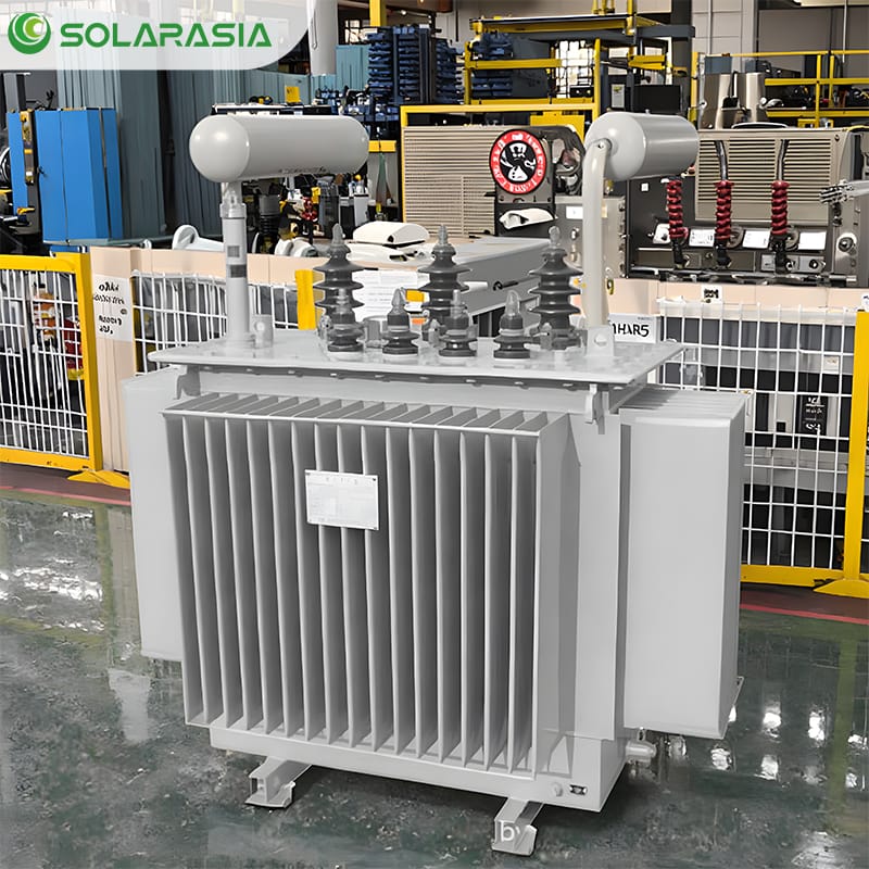 Close-up view of the base, cooling radiators, and connection terminals of a 200KVA oil immersed transformer, highlighting its installation-friendly design.