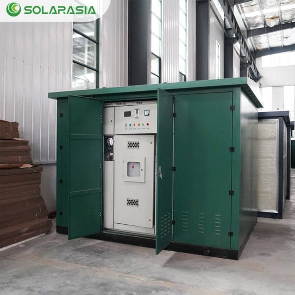 Close-up view of technicians conducting final checks on the 315KVA European Box Type Substation in a factory environment.