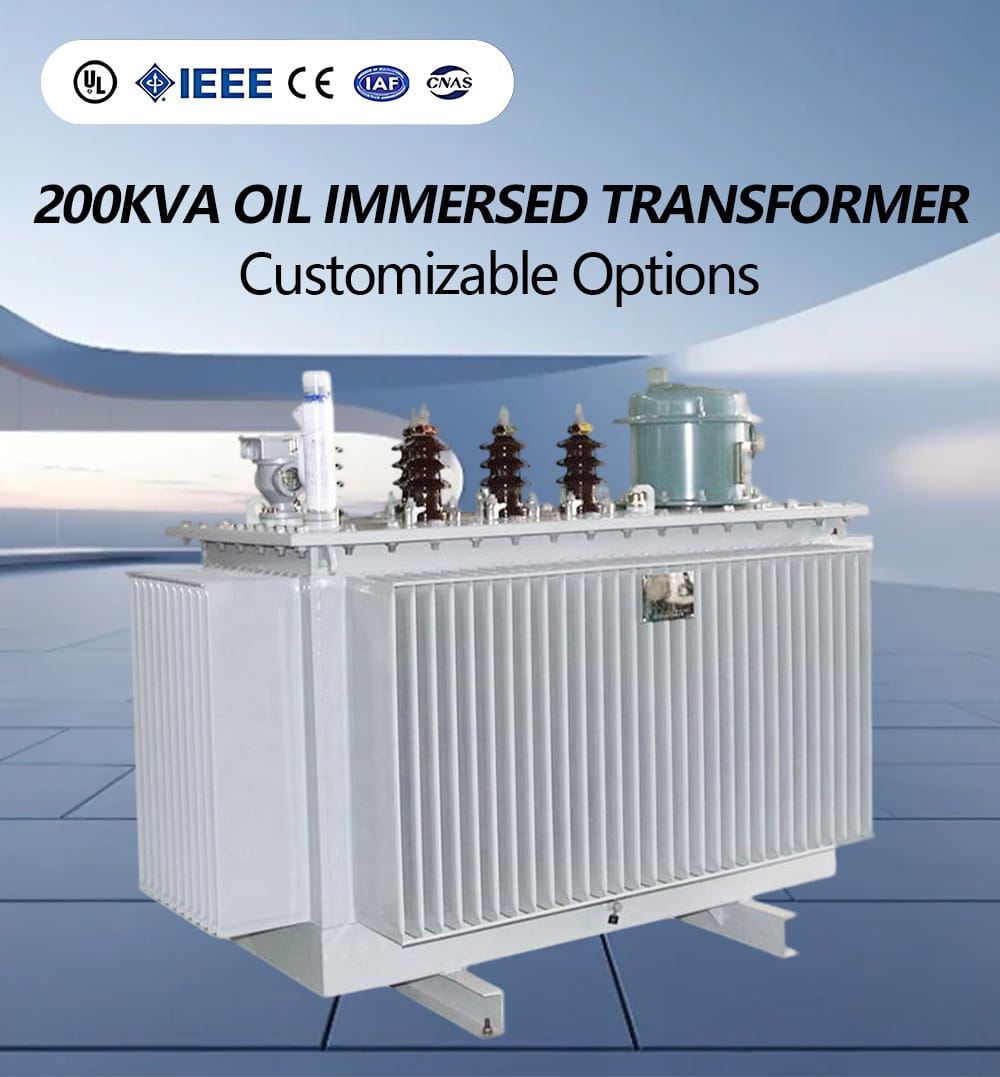 A professional photograph of a 200KVA oil immersed transformer unit in operational readiness.